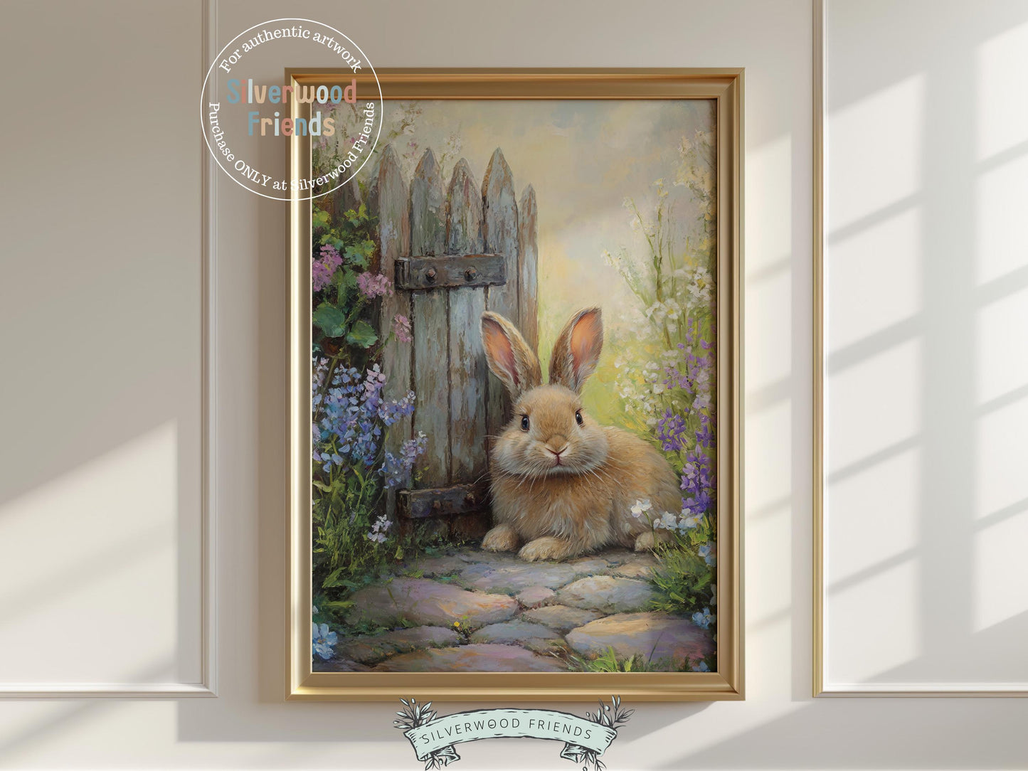 Bring a touch of charm to your space with our beautiful Bunny Nursery Print, showcasing an adorable bunny resting by a farmhouse gate, surrounded by delicate wildflowers, all rendered in a soft oil painting style. Ideal for Easter décor or a woodland wildflower themed nursery, it also makes a unique and thoughtful baby shower gift.