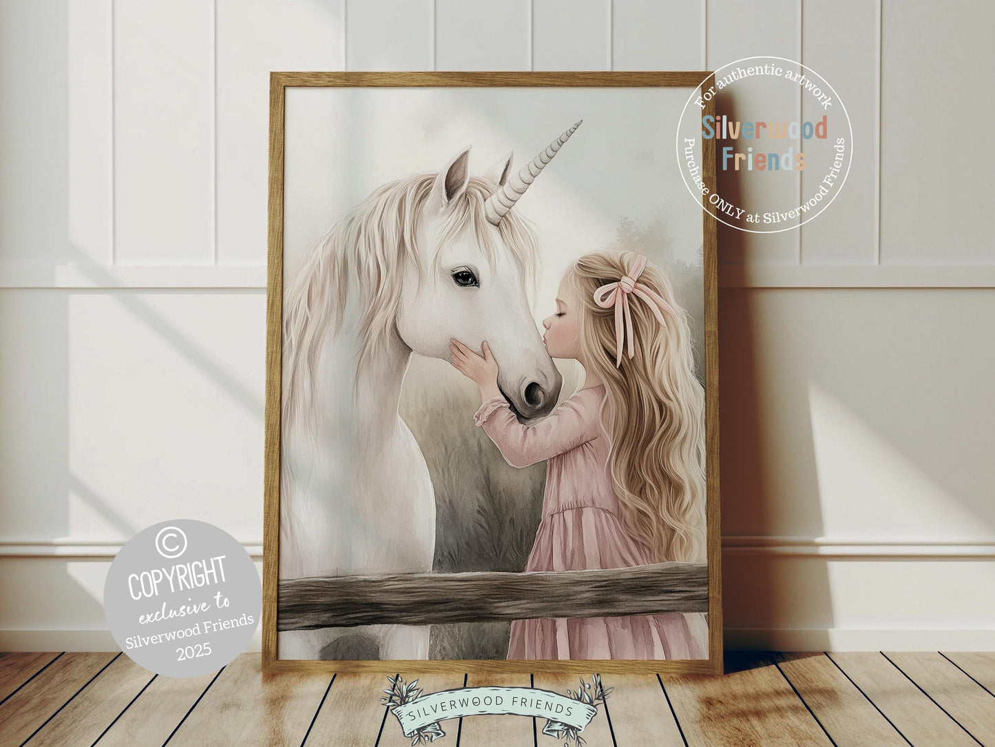 Create a dreamy fairytale nursery with our Unicorn Nursery Print, featuring a sweet moment between a little blonde girl and her magical white unicorn. A whimsical touch for your nursery decor and also makes a heartfelt baby shower gift that will be adored!