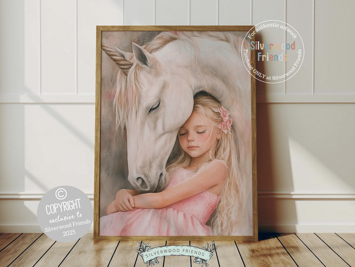 Drift into a fairytale dream with our Unicorn Nursery Print, featuring a little blonde girl peacefully sleeping under the chin of her magical white unicorn. A charming addition to your nursery decor and a heartfelt baby shower gift to be treasured forever!