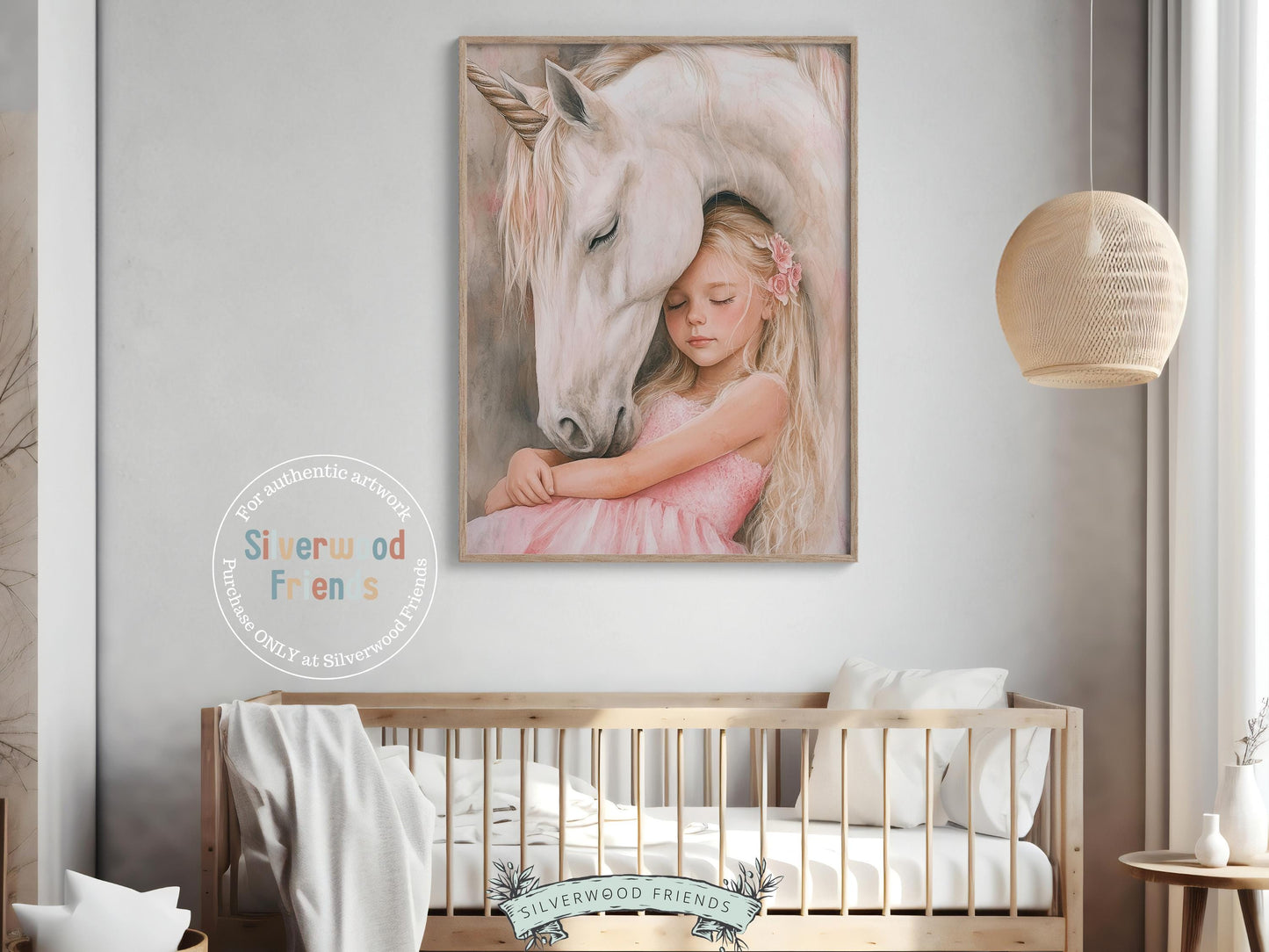 Baby Girl Unicorn Nursery Print, White Unicorn Horse Nursery Bedroom Decor, Little Girl's Fairytale Fantasy Nursery Wall Art Digital Print