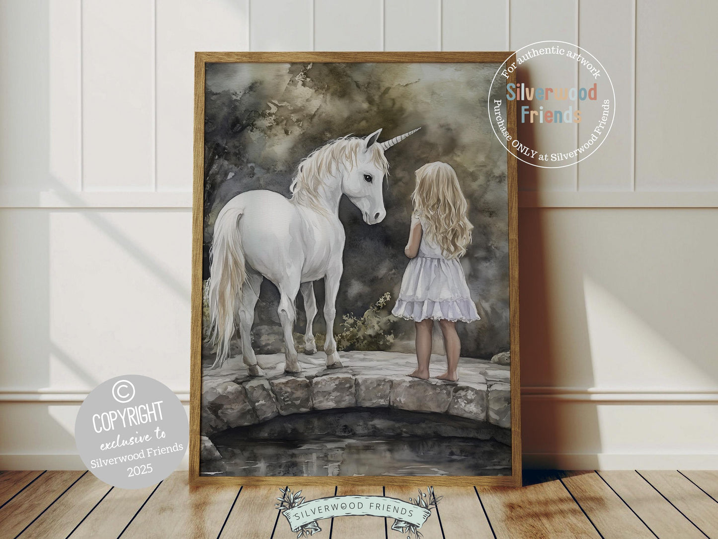 Bring a touch of magic to your little one's nursery with our Unicorn Nursery Print, capturing a sweet moment between a little girl and a majestic white unicorn on a stone bridge above shimmering waters. A dreamy addition to your nursery decor and a heartfelt baby shower gift to be cherished!