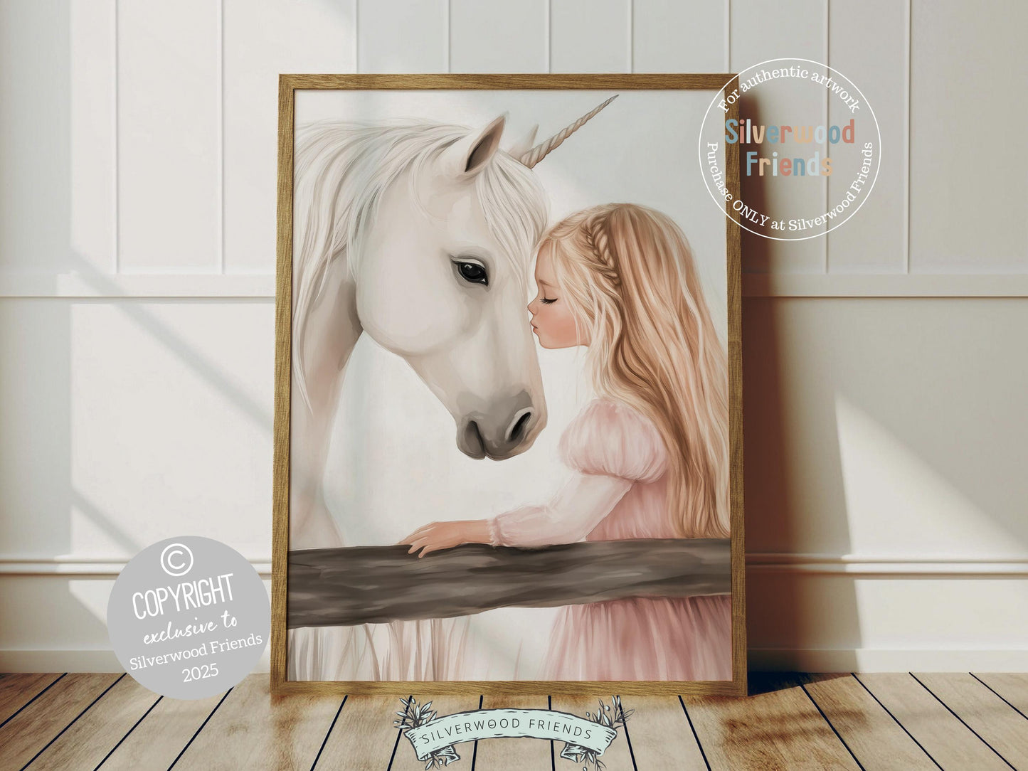 Create a dreamy fairytale nursery with our Unicorn Nursery Print, featuring a sweet moment between a little blonde girl as she kisses her magical white unicorn. A whimsical touch for your nursery decor and also makes a heartfelt baby shower gift that will be adored!