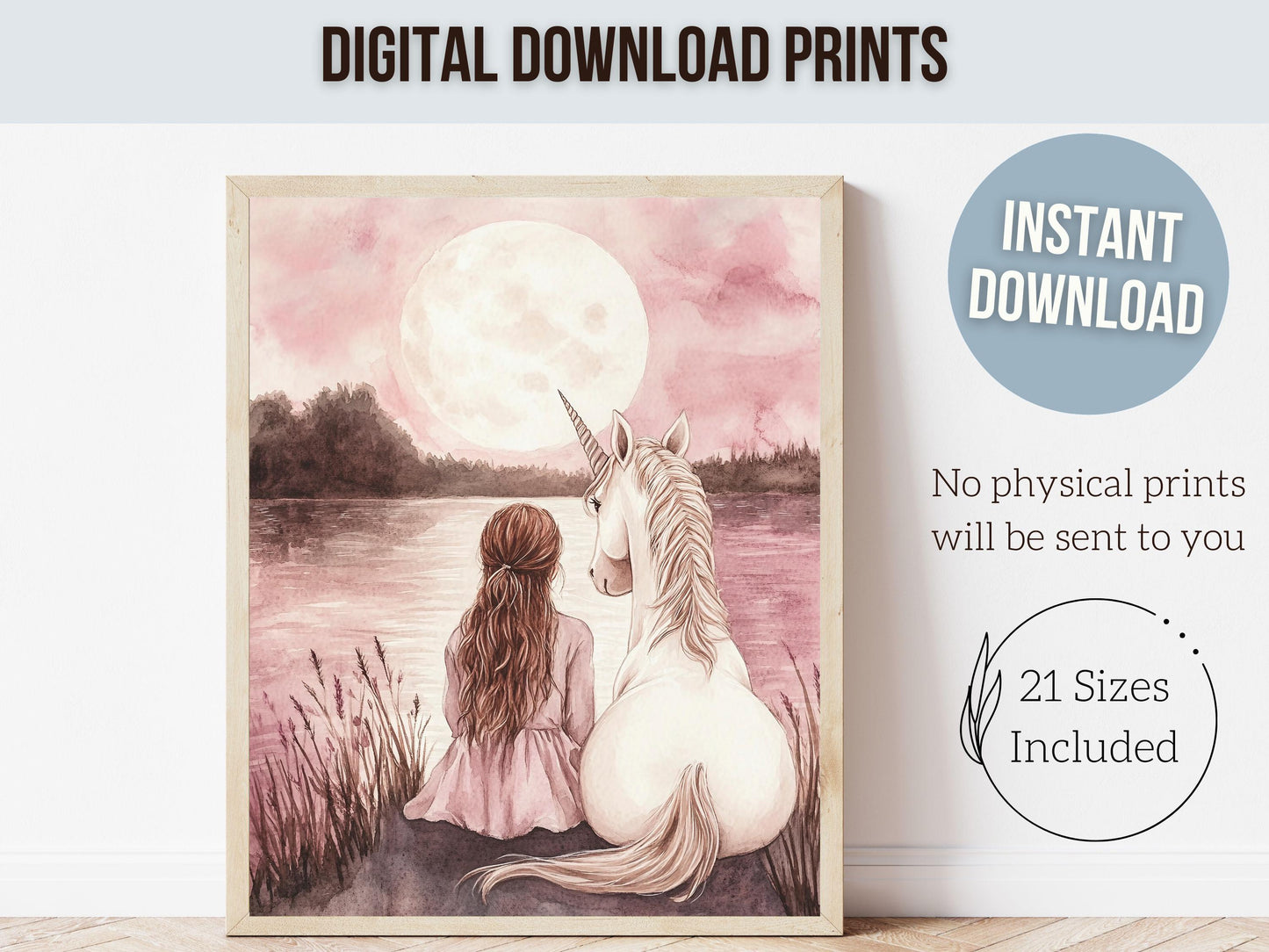 Baby Girl Unicorn Nursery Print, Pastel Pink Unicorn Nursery Bedroom Decor, Full Moon Fairytale Fantasy Nursery Wall Art Digital Print
