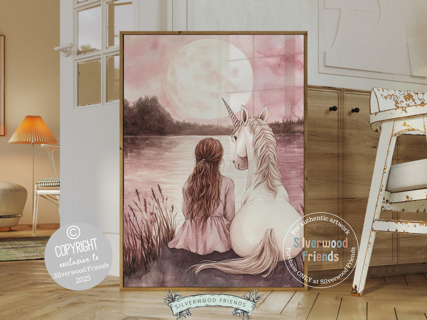 Baby Girl Unicorn Nursery Print, Pastel Pink Unicorn Nursery Bedroom Decor, Full Moon Fairytale Fantasy Nursery Wall Art Digital Print