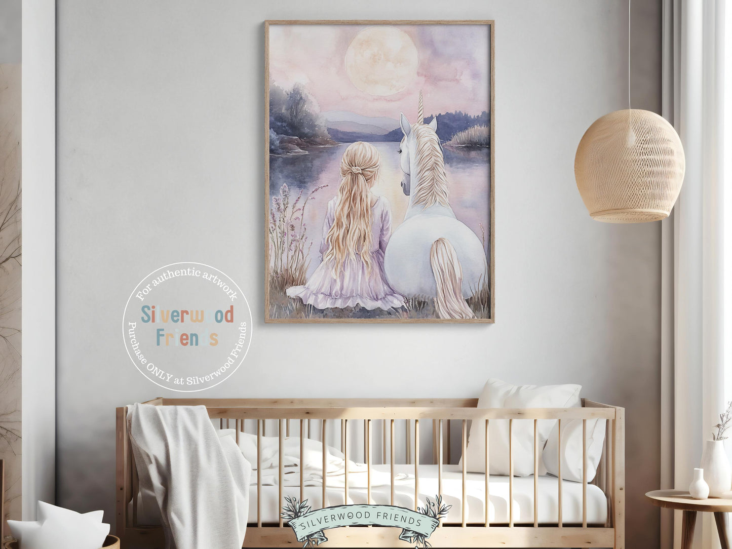 Baby Girl Unicorn Nursery Print, Pastel Purple Unicorn Nursery Bedroom Decor, Full Moon Fairytale Fantasy Nursery Wall Art Digital Print