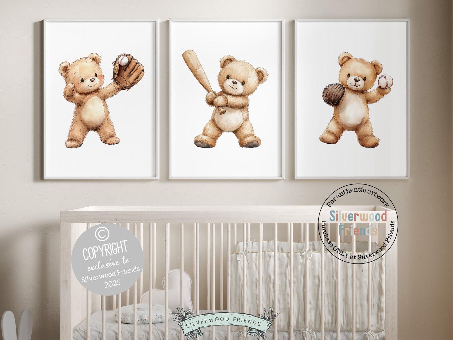 Teddy Bear Baseball Nursery Prints, Woodland Teddy Bear Baseball Nursery Decor, Toddler Boy Sports Theme Playroom Room Decor Digital Prints