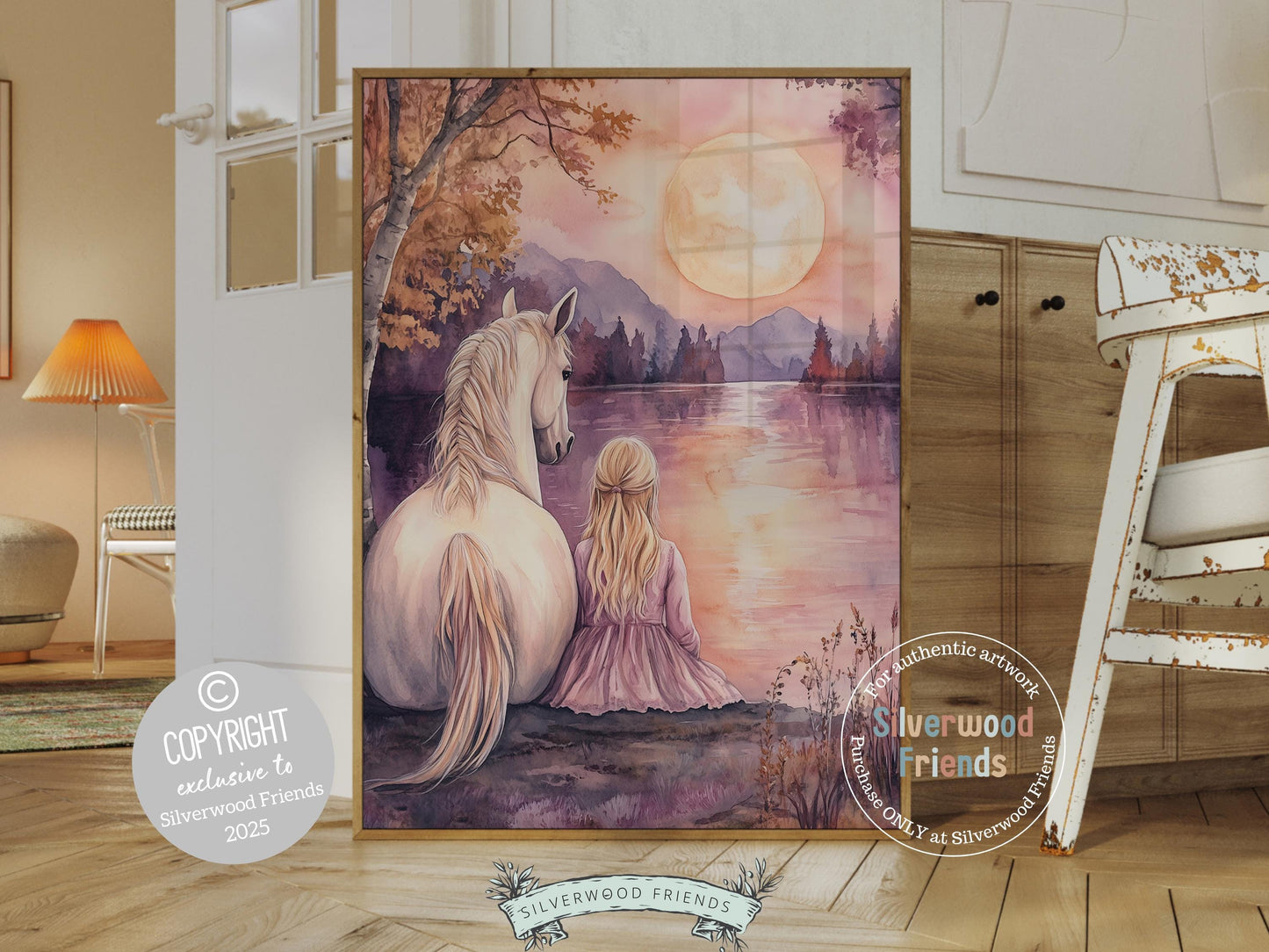 Step into a dreamy world of friendship and magic with our enchanting watercolor print, featuring a blonde girl and her beloved white horse resting by a river beneath a pastel pink full moon and sunset. Perfect for horse-themed decor or a fairy princess room, this unique print also makes a heartfelt baby shower gift for horse lovers!