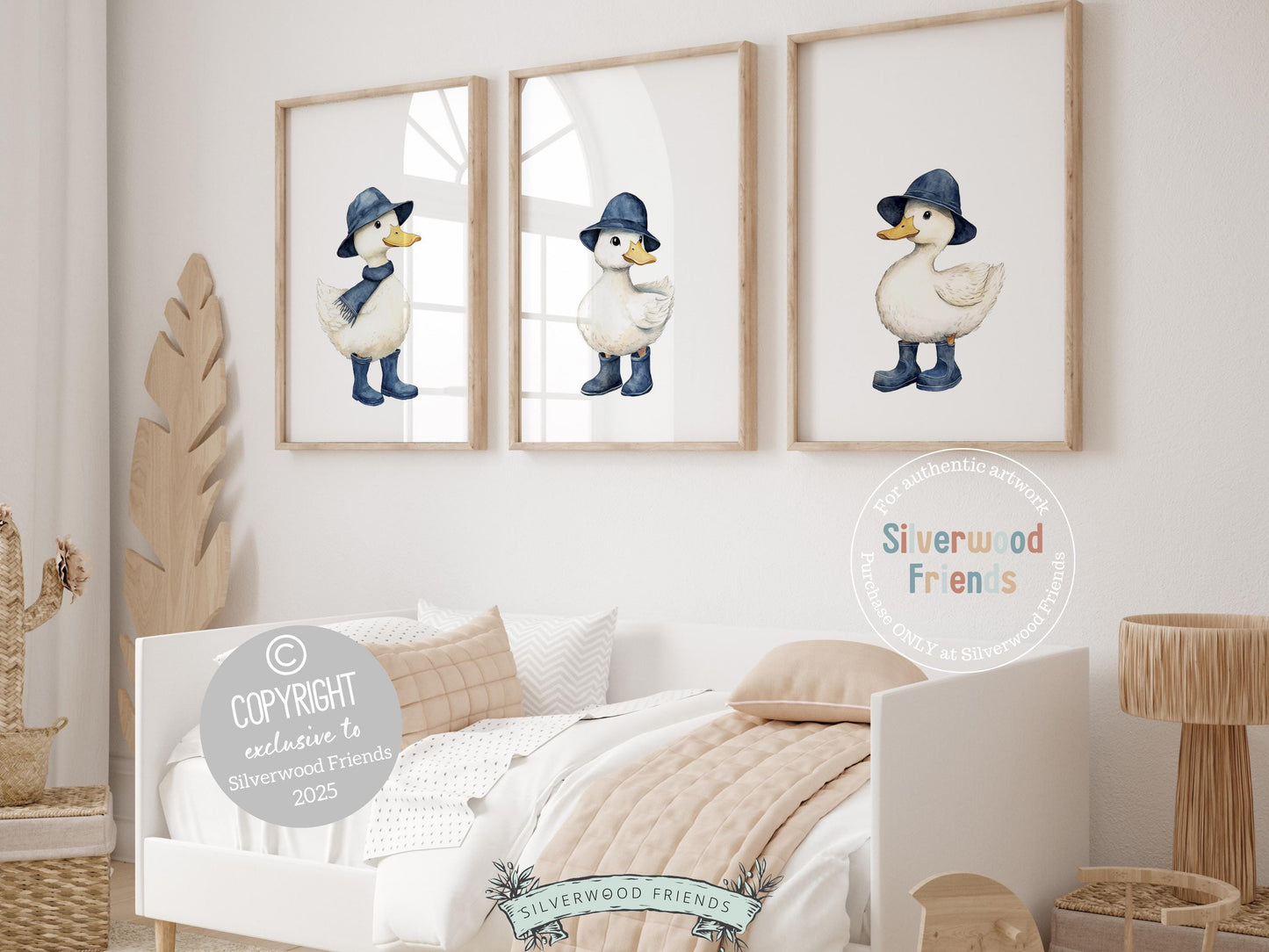 Our delightful Navy Blue Duck Prints showcase adorable watercolor ducks dressed in rain boots, adding a cozy and whimsical touch to any space. Perfect for both nursery and mudroom decor, this versatile artwork makes a charming gender-neutral baby shower or housewarming gift to be treasured for years!