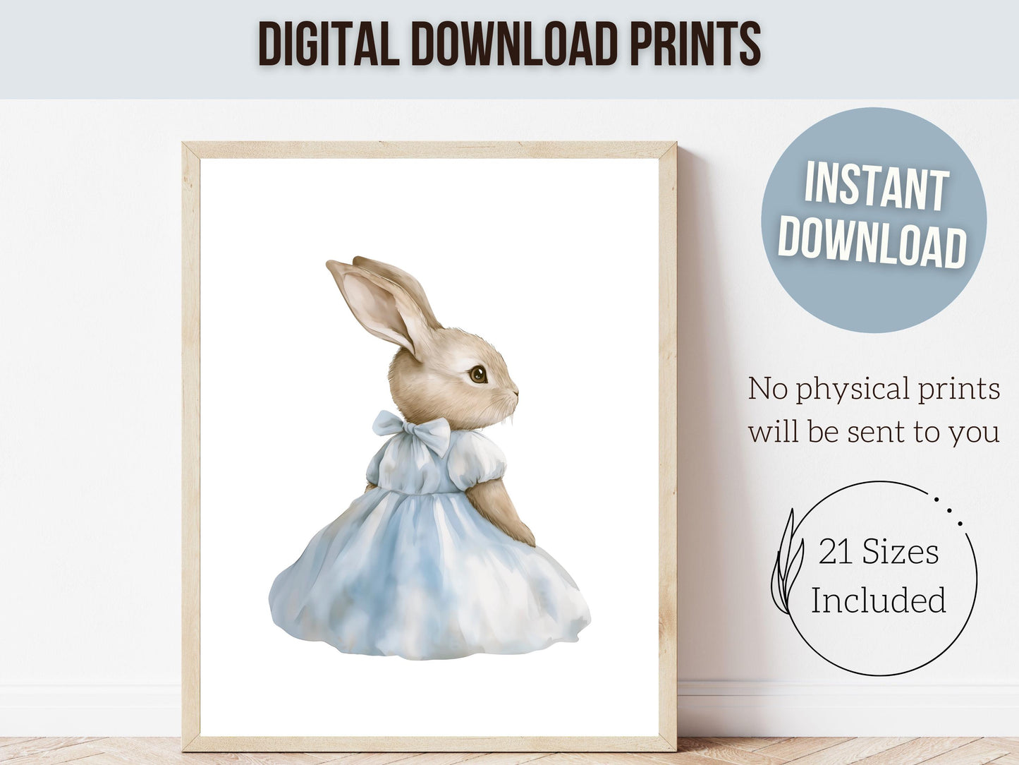 Bunny Nursery Prints, Baby Boy Blue Bunny Nursery Wall Art, Easter Printables, Gender Neutral Vintage Woodland Animal Nursery Digital Print