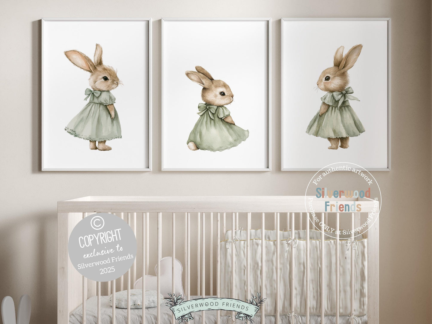 Our adorable Bunny Nursery Prints, featuring watercolor bunny rabbits in sweet sage green dresses, add a whimsical touch to your woodland-themed nursery. A charming and unique baby shower gift that will be cherished for years to come!