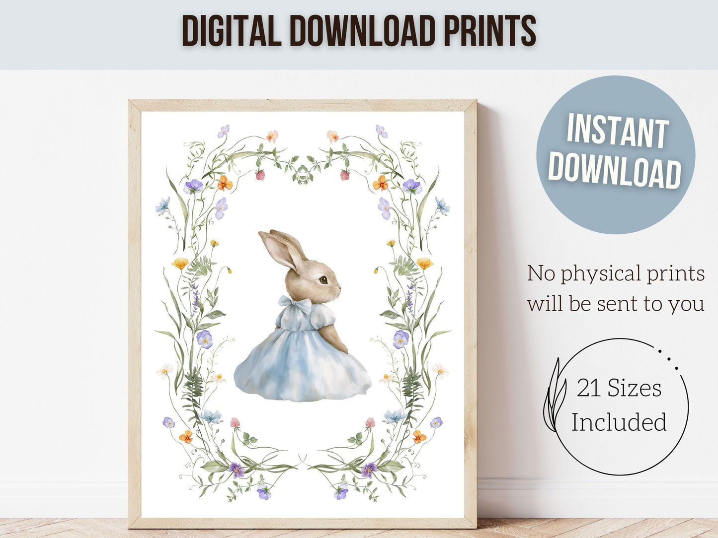 Bunny Nursery Prints, Floral Bunny Nursery Wall Art, Blue Wildflower Nursery Decor, Neutral Nursery Easter Printable Posters Digital Print