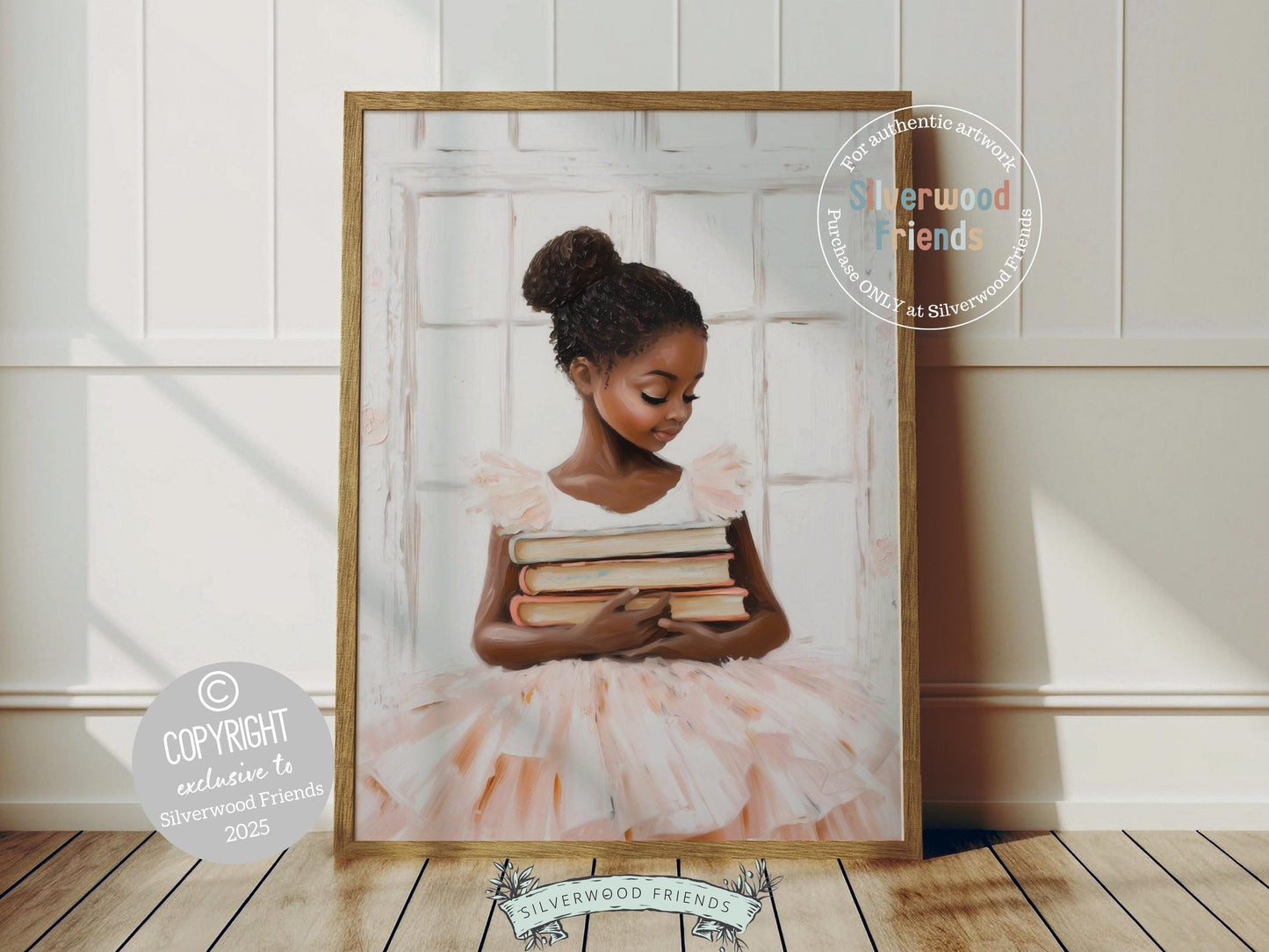 Add charm and elegance to your baby girl's room with our Ballet Nursery Print, featuring an African American little ballerina holding a stack of books wearing her tutu. Perfect for ballet themed or book-loving spaces, this sweet artwork inspires imagination and a love for learning and dance.