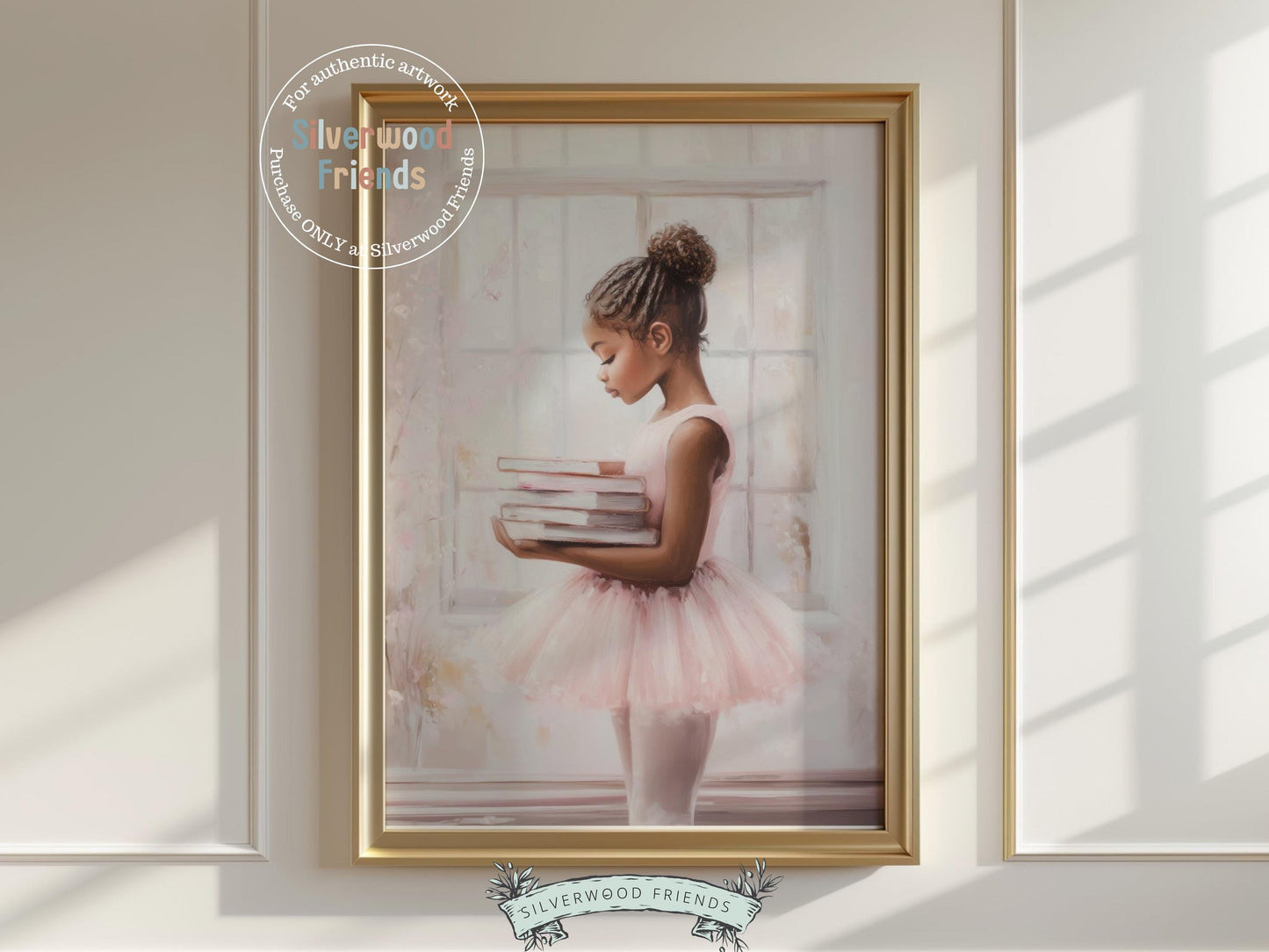 Add charm and elegance to your baby girl's room with our Ballet Nursery Print, featuring an African American little ballerina holding a stack of books wearing her tutu. Perfect for ballet themed or book-loving spaces, this sweet artwork inspires imagination and a love for learning and dance.