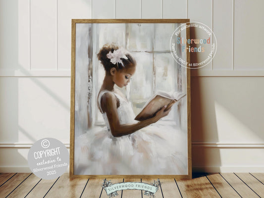 Add charm and elegance to your baby girl's room with our Ballet Nursery Print, featuring an African American little ballerina holding a stack of books wearing her tutu. Perfect for ballet themed or book-loving spaces, this sweet artwork inspires imagination and a love for learning and dance.