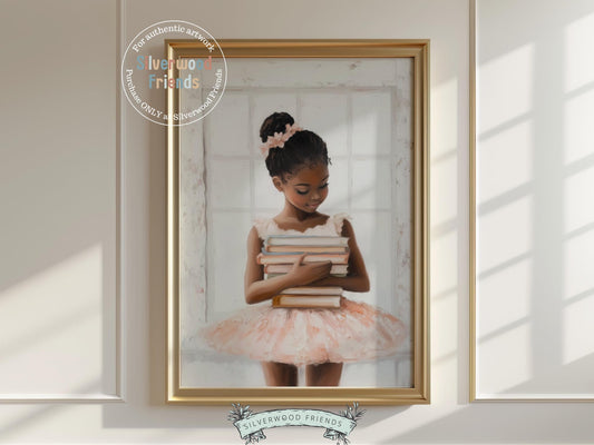Bring charm and elegance to your baby girl’s space with our Ballet Nursery Print, showcasing an African American little ballerina in her tutu holding a stack of books. Perfect for ballet-themed or book-inspired rooms, this delightful artwork encourages imagination, learning, and a love for graceful movement.