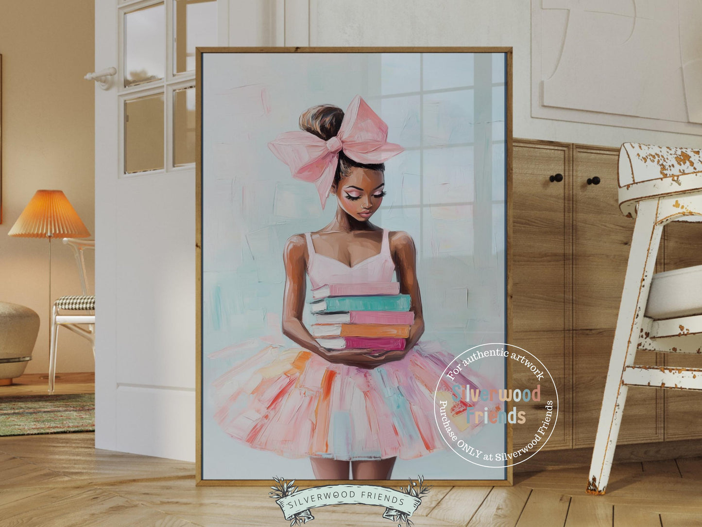 Add charm and sophistication to any space with our elegant Ballet Art Print, featuring an African American ballerina in her tutu holding a stack of books. A beautiful choice for dance studios, reading nooks, or stylish home decor, this piece celebrates grace, knowledge, and the timeless magic of ballet.
