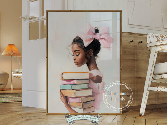 Add charm and sophistication to any space with our elegant Ballet Art Print, featuring an African American ballerina in her tutu holding a stack of books. A beautiful choice for dance studios, reading nooks, or stylish home decor, this piece celebrates grace, knowledge, and the timeless magic of ballet.