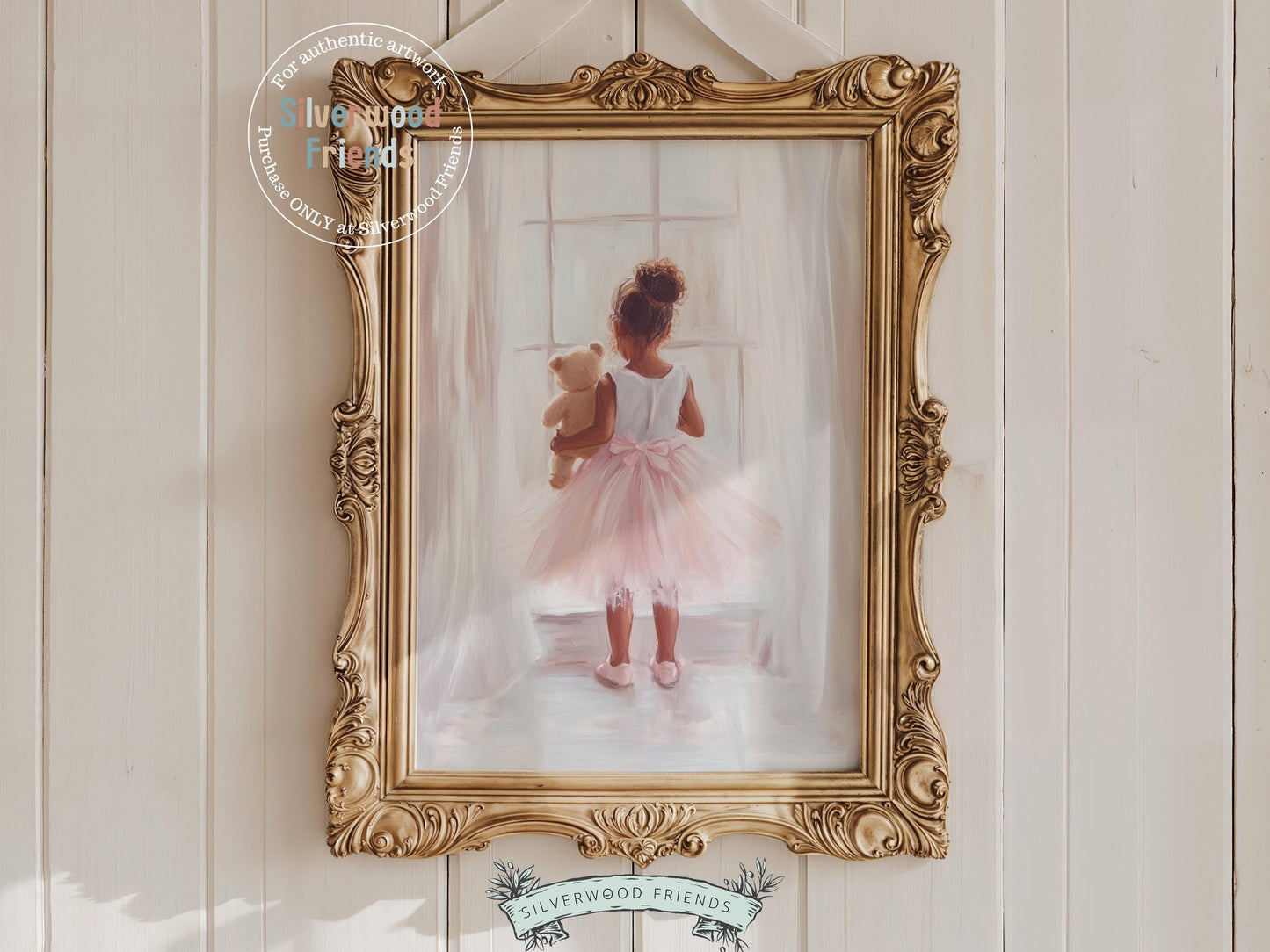 Capture the magic of childhood with our Ballet Nursery Print, featuring a tender rear view of an African American little ballerina in a pink tutu, holding her teddy bear and gazing out the window. Perfect for ballet-themed nurseries or dreamy play spaces, this heartwarming artwork celebrates innocence, imagination, and the beauty of little moments.