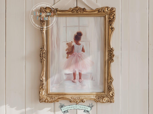 Capture the magic of childhood with our Ballet Nursery Print, featuring a tender rear view of an African American little ballerina in a pink tutu, holding her teddy bear and gazing out the window. Perfect for ballet-themed nurseries or dreamy play spaces, this heartwarming artwork celebrates innocence, imagination, and the beauty of little moments.