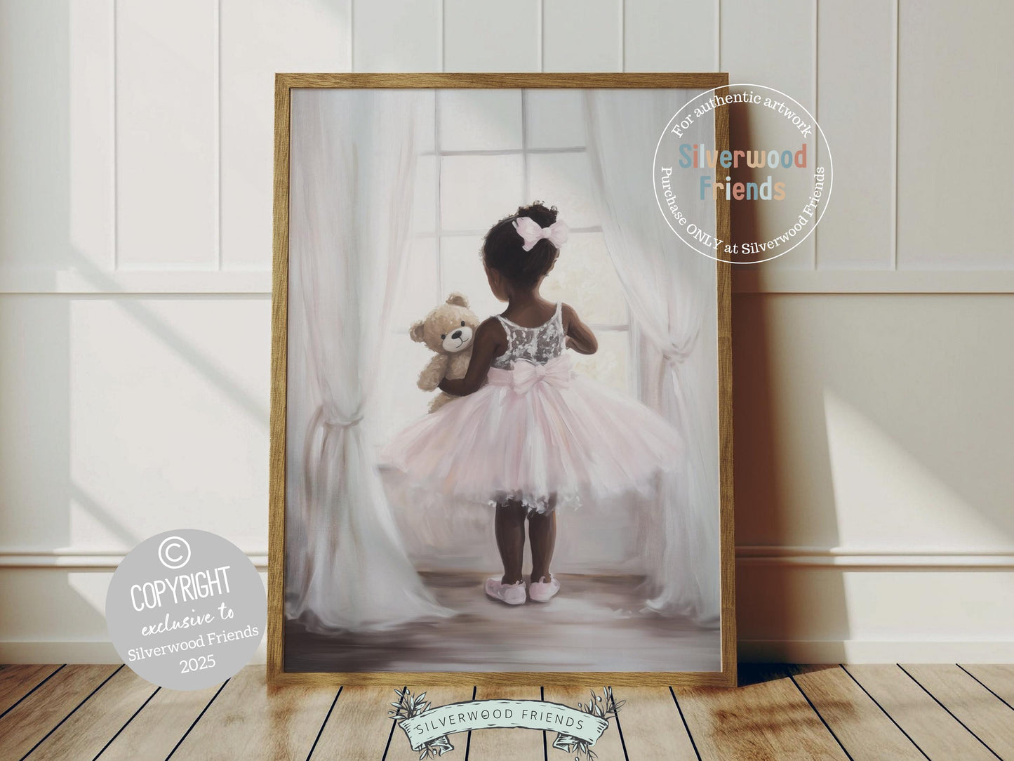 Capture the magic of childhood with our Ballet Nursery Print, featuring a tender rear view of an African American little ballerina in a pink and white tutu, holding her teddy bear and gazing out the window. Perfect for ballet-themed nurseries or dreamy play spaces, this heartwarming artwork celebrates innocence, imagination, and the beauty of little moments.