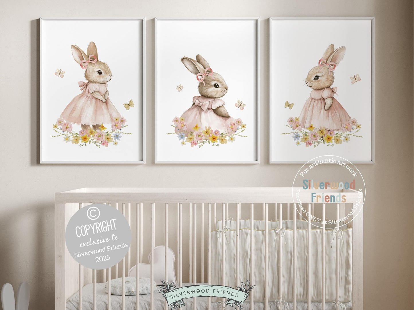 Welcome the beauty of spring into your little ones nursery with our charming Bunny Nursery Prints! Featuring whimsical watercolor bunnies surrounded by delicate wildflowers and butterflies, these prints bring a dreamy, nature-inspired touch to any spring or woodland-themed space. A perfect way to create a whimsical haven and a unique baby shower gift to be treasured!