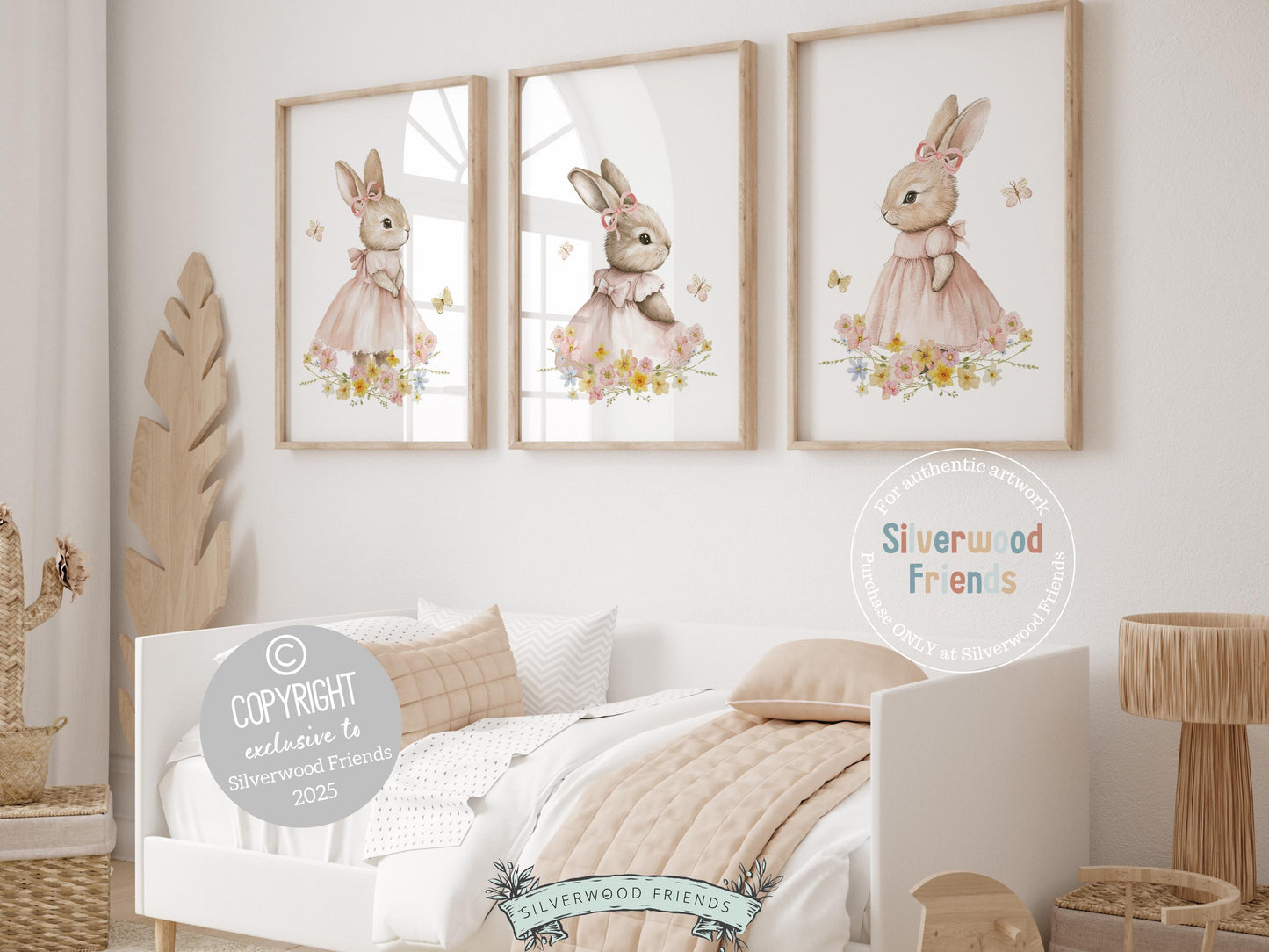 Bunny Nursery Prints, Floral Bunny Nursery Wall Art, Wildflower Nursery Decor, Baby Girl Bedroom Spring Easter Bunny Nursery Digital Prints
