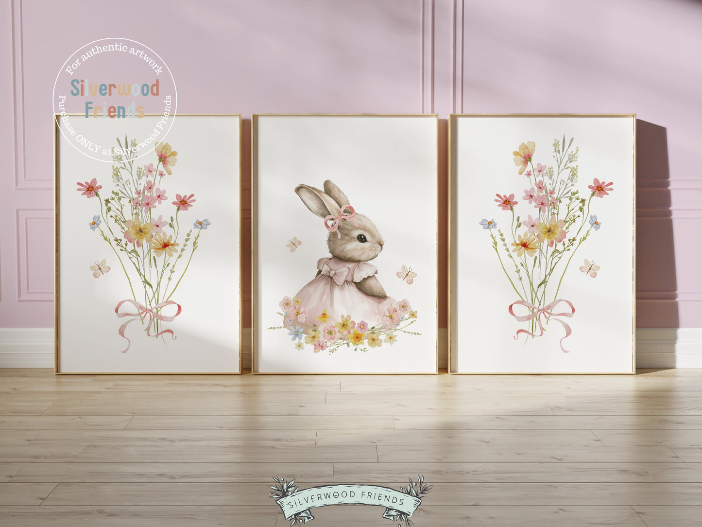 Bunny Nursery Prints, Floral Bunny Nursery Wall Art, Wildflower Nursery Decor, Baby Girl Bedroom Spring Easter Bunny Nursery Digital Prints