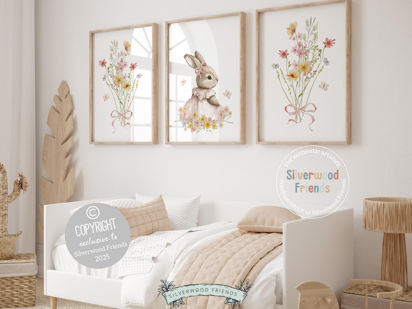 Bunny Nursery Prints, Floral Bunny Nursery Wall Art, Wildflower Nursery Decor, Baby Girl Bedroom Spring Easter Bunny Nursery Digital Prints