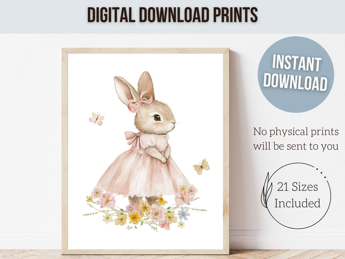 Bunny Nursery Prints, Floral Bunny Nursery Wall Art, Wildflower Nursery Decor, Baby Girl Bedroom Spring Easter Bunny Nursery Digital Prints