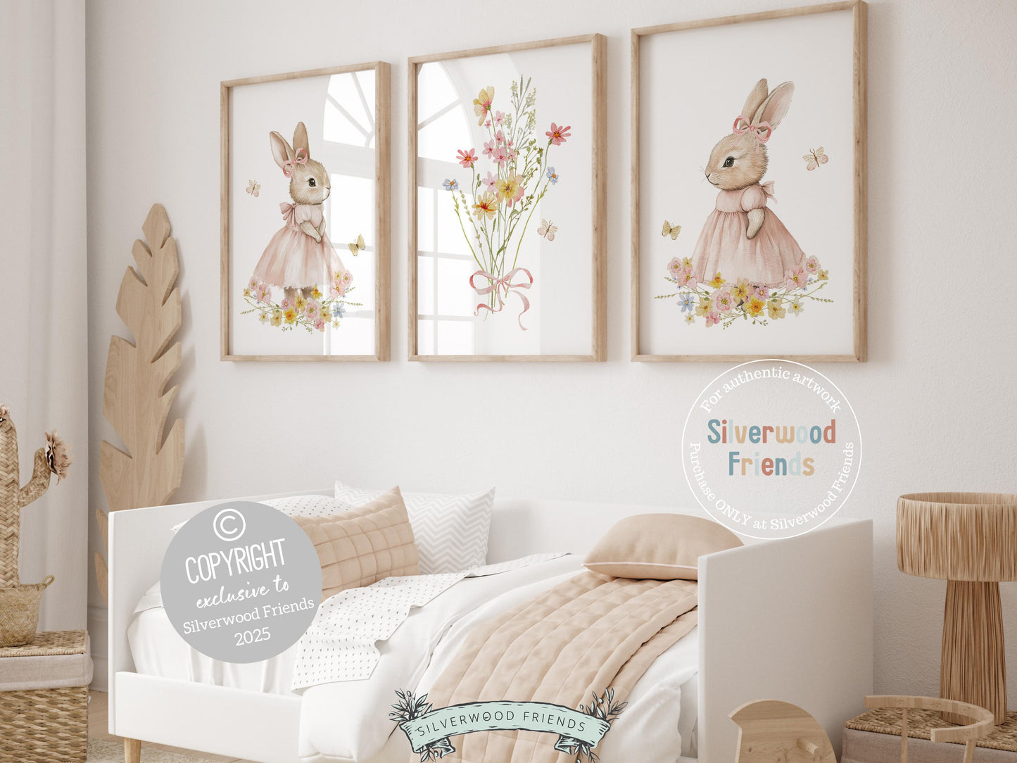 Bunny Nursery Prints, Floral Bunny Nursery Wall Art, Wildflower Nursery Decor, Baby Girl Bedroom Spring Easter Bunny Nursery Digital Prints