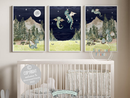 Our Set of 3 Baby Dragon Nursery Prints featuring watercolor baby dragons playing in a woodland forest under the night sky and full moon, will spark their imagination and create a calm and cosy atmosphere. Perfect for your dragon nursery decor.