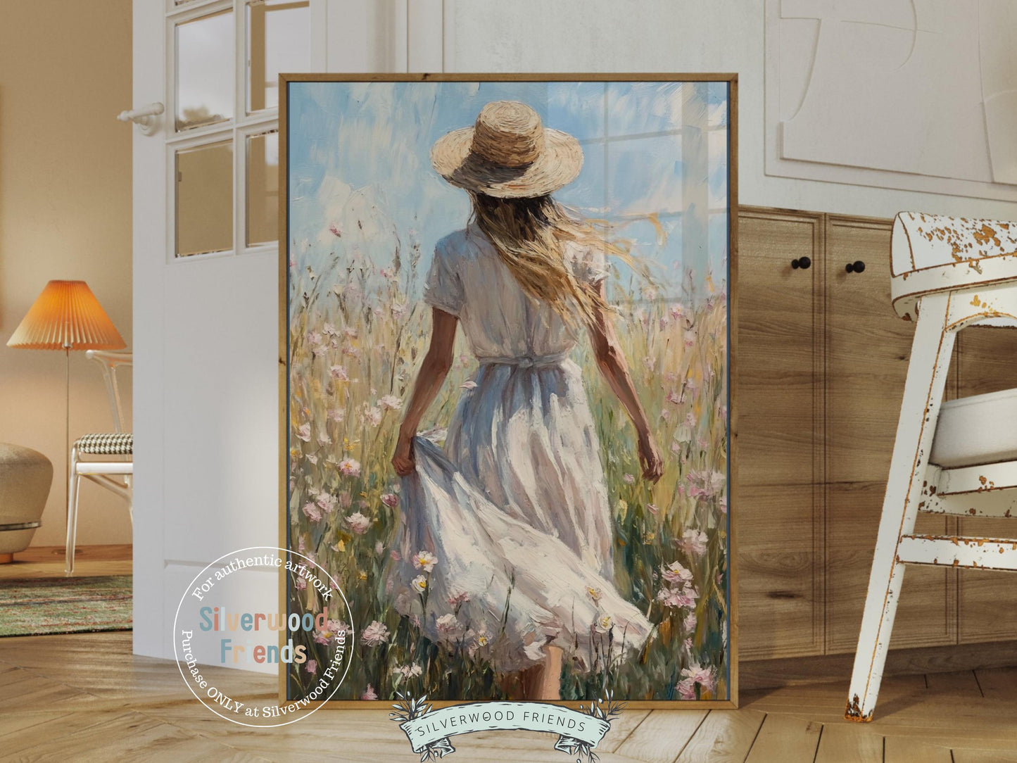 Add a touch of rustic charm to your space with this digital oil painting print of a cowgirl strolling through a wildflower meadow — perfect for farmhouse, cottagecore, or western-inspired decor. A unique and heartfelt piece that brings warmth and character to a variety of interior styles.