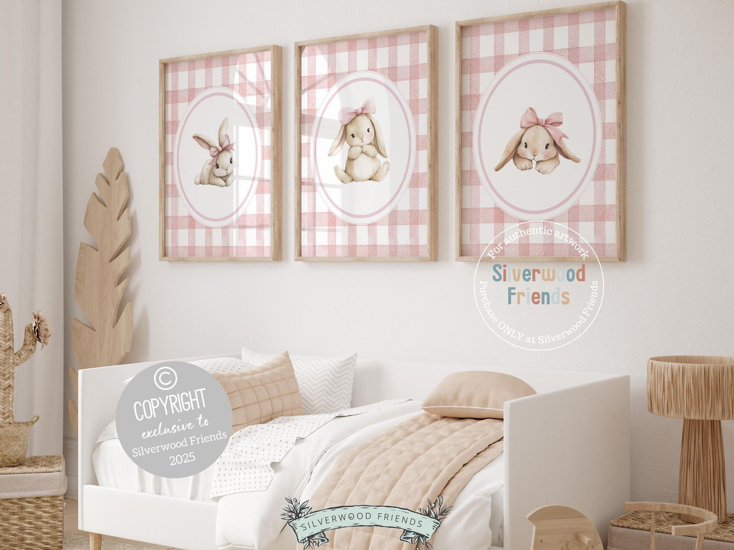 Bring a touch of springtime sweetness to your little girls room with our charming Bunny Nursery Prints, featuring watercolor bunny rabbits in pink bows against soft pink and white stripes. Perfect for woodland or spring-themed nurseries, this adorable artwork also makes a thoughtful and unique baby shower gift.