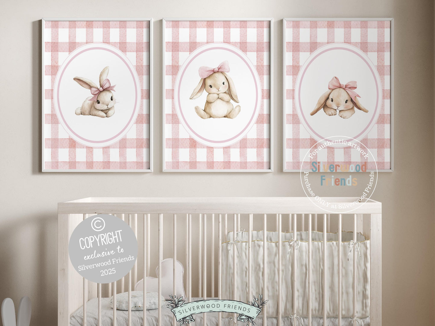 Bunny Nursery Prints, Baby Girl Pink Bunny Nursery Wall Art, Woodland Nursery Decor, Girl Nursery Print, Easter Spring Nursery Digital Print