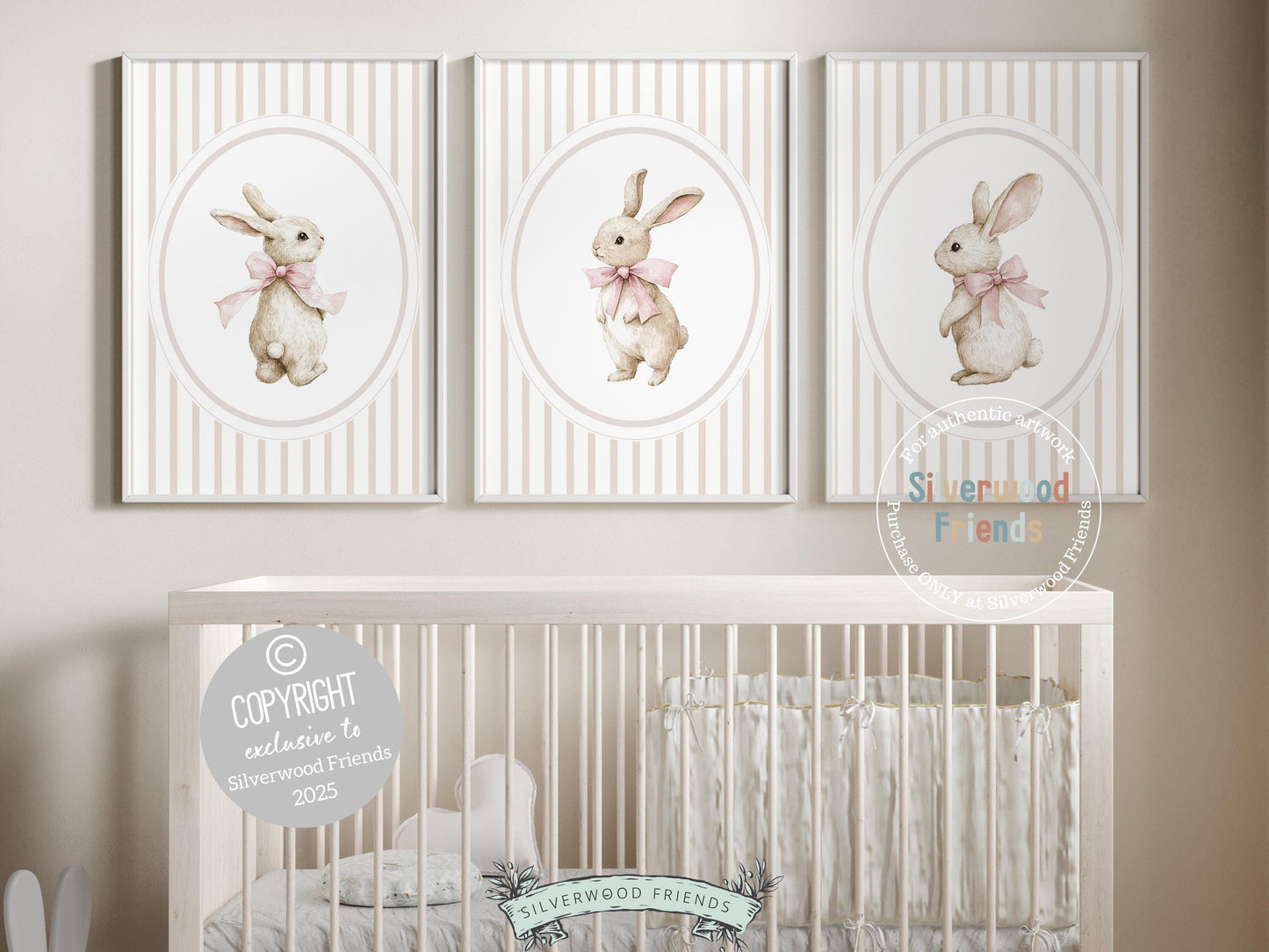 Bunny Rabbit Nursery Prints, Baby Girl Pink Beige Woodland Bunny Nursery Decor, Girl Nursery Wall Art, Easter Bunny Printables Digital Print