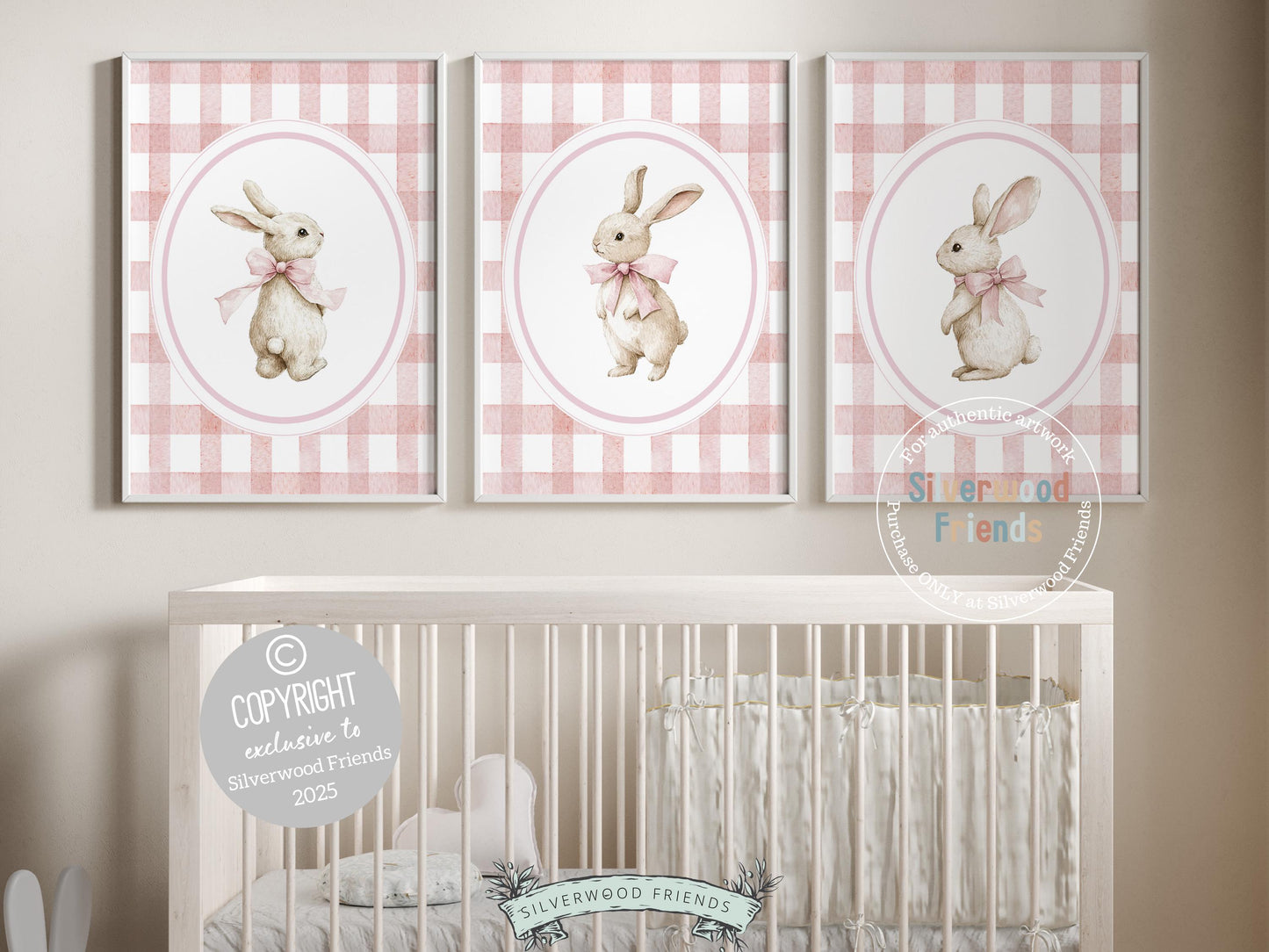 Bunny Nursery Prints, Baby Girl Pink Bunny Nursery Wall Art, Woodland Nursery Decor, Girl Nursery Print, Easter Spring Nursery Digital Print