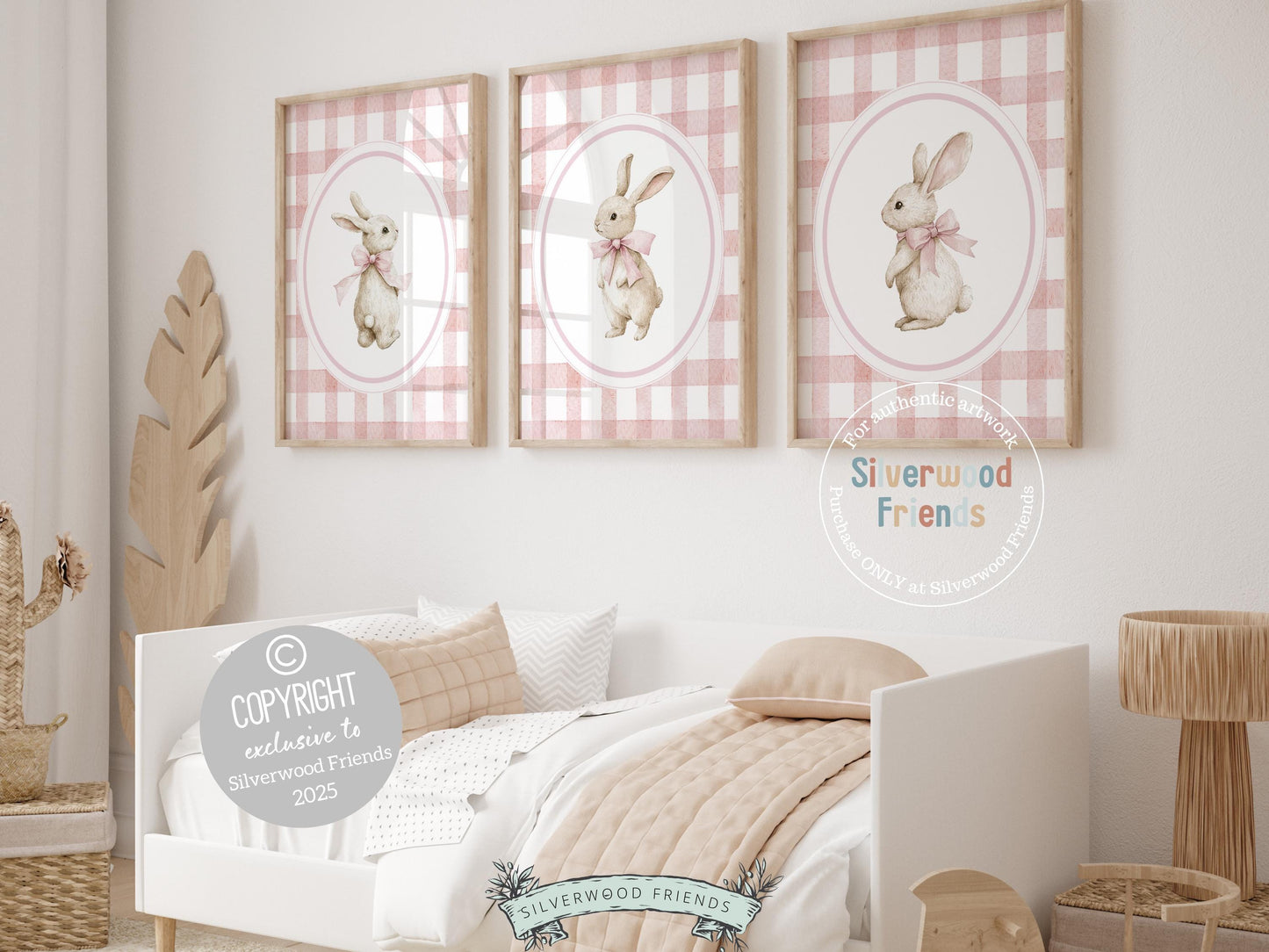Bring a touch of springtime sweetness to your little girl’s room with our charming Bunny Nursery Prints, featuring watercolor bunny rabbits in pink bows against soft pink and white stripes. Perfect for woodland or spring-themed nurseries, this adorable artwork also makes a thoughtful and unique baby shower gift.
