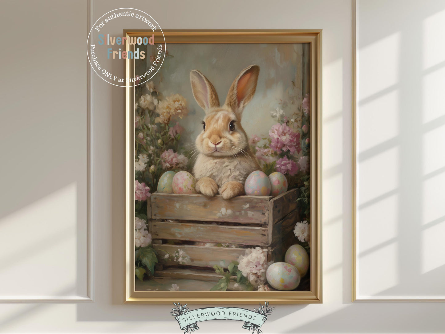 Add a touch of Easter whimsy to your space with our gorgeous Bunny Nursery Print, featuring a sweet bunny rabbit in a rustic wooden crate with wildflowers and Easter eggs in a soft oil painting style. Perfect as charming Easter decor or a heartfelt Easter gift, it also beautifully suits your woodland wildflower themed nursery.