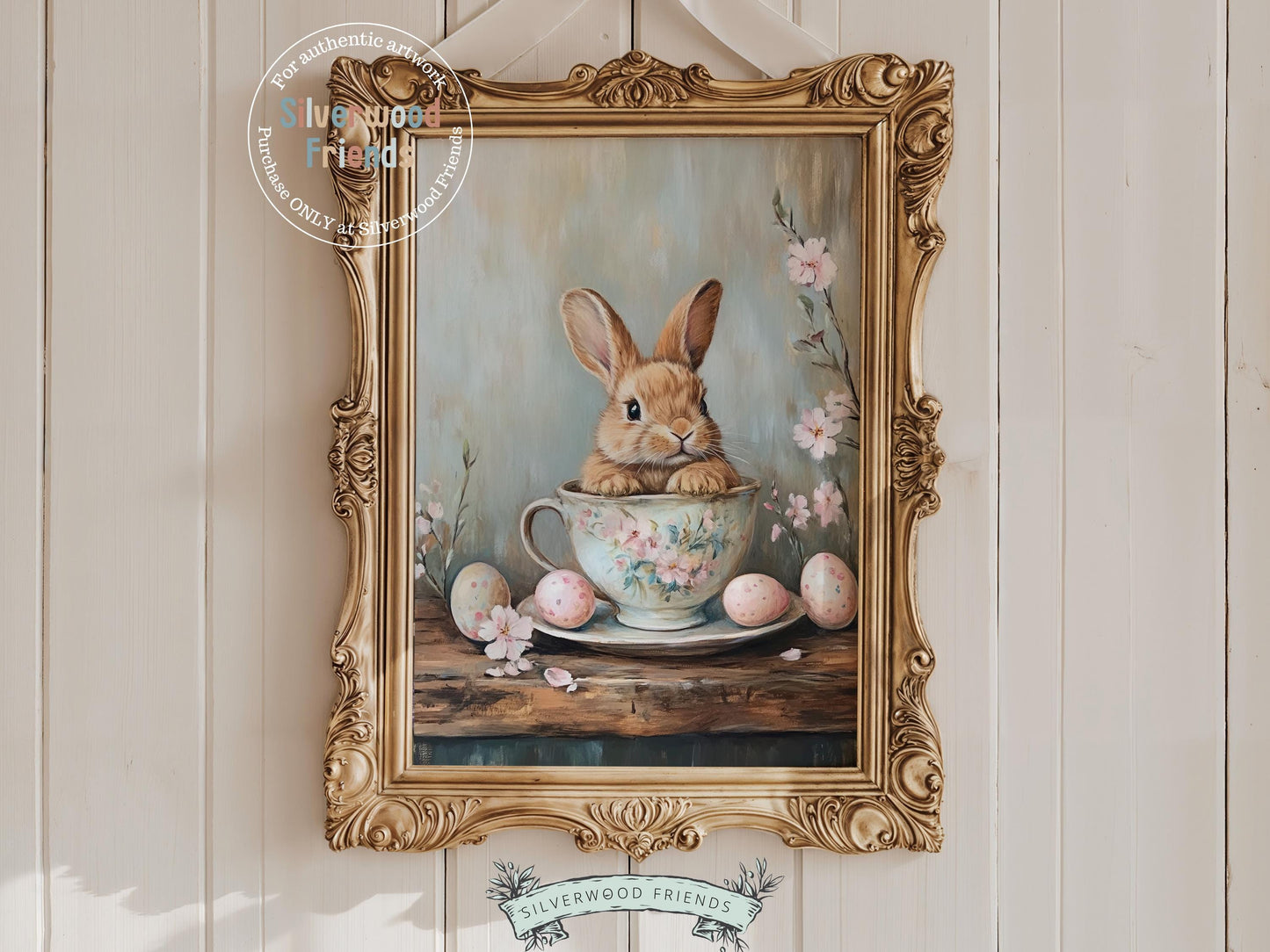 Add a touch of Easter charm to your home with our beautiful Bunny Nursery Print, featuring a sweet bunny nestled in a floral teacup surrounded by pink cherry blossoms and Easter eggs, all rendered in a soft, oil painting style. Perfect for cozy Easter decor or a meaningful Easter gift, this whimsical artwork also brings a gentle, enchanting feel to any woodland or wildflower themed nursery.