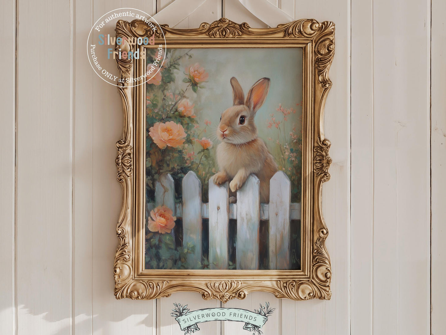 Add a touch of whimsy to your space with our charming Bunny Nursery Print, showcasing a sweet bunny rabbit peeking over a rustic country fence, surrounded by soft peach wildflowers in a gentle oil painting style. Ideal for cozy Easter decor or a woodland wildflower themed nursery, it also makes a unique and heartfelt baby shower gift.