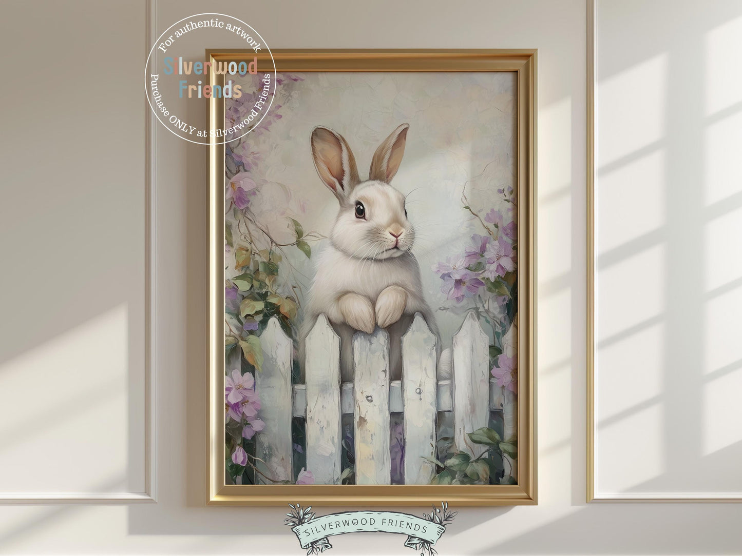 Add a touch of whimsy to your space with our charming Bunny Nursery Print, showcasing a sweet bunny rabbit peeking over a rustic country fence, surrounded by soft purple wildflowers in a gentle oil painting style. Ideal for cozy Easter decor or a woodland wildflower themed nursery, it also makes a unique and heartfelt baby shower gift.