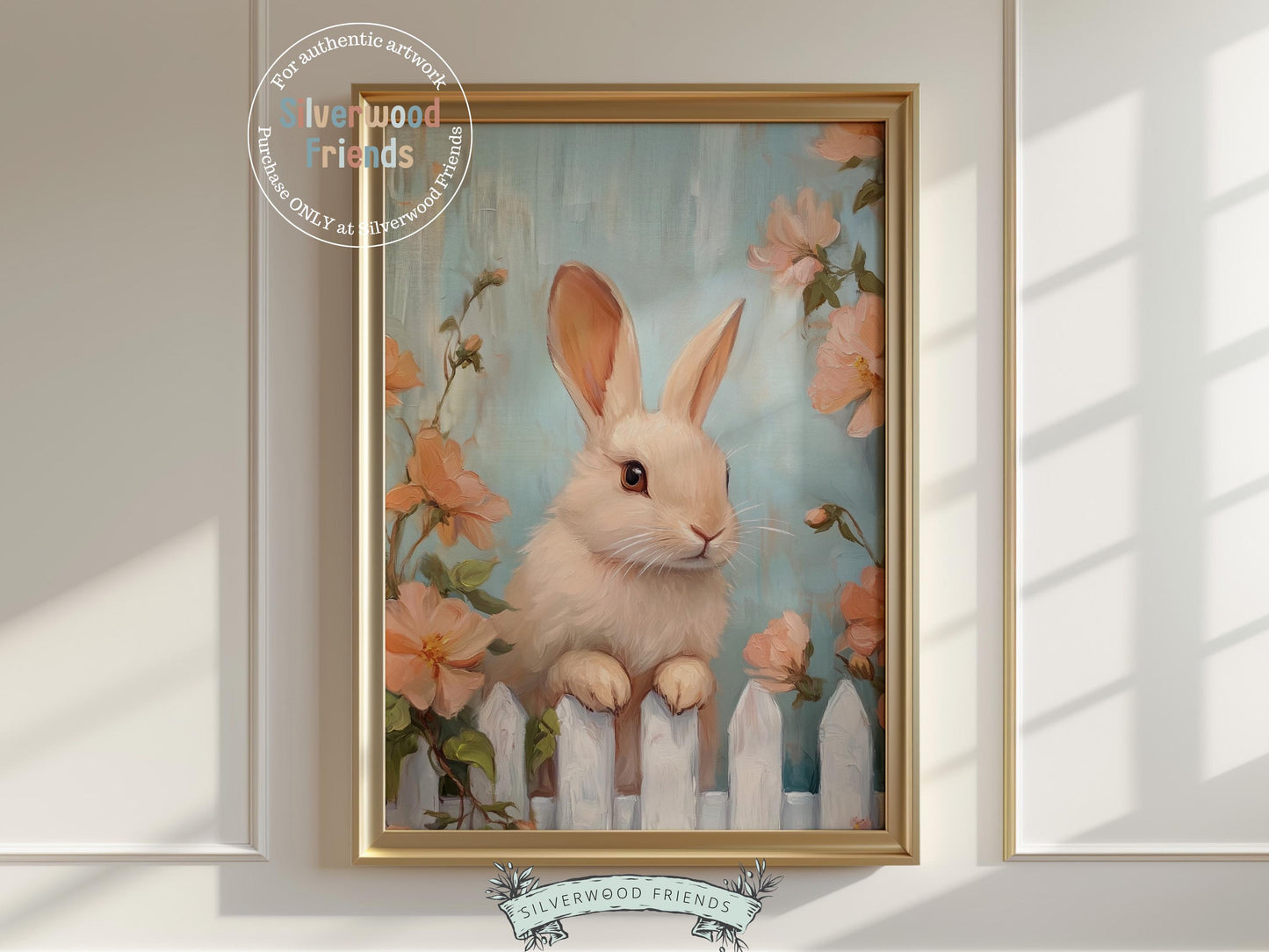 Infuse your space with a dash of whimsy with our enchanting Bunny Nursery Print. This sweet artwork features an adorable bunny peeking over a rustic country fence, surrounded by a soft yet vibrant palette of a blue background with orange wildflowers, all captured in a gentle oil painting style. Perfect for cozy Easter décor or a woodland wildflower themed nursery, it also makes a thoughtful and one-of-a-kind baby shower gift.
