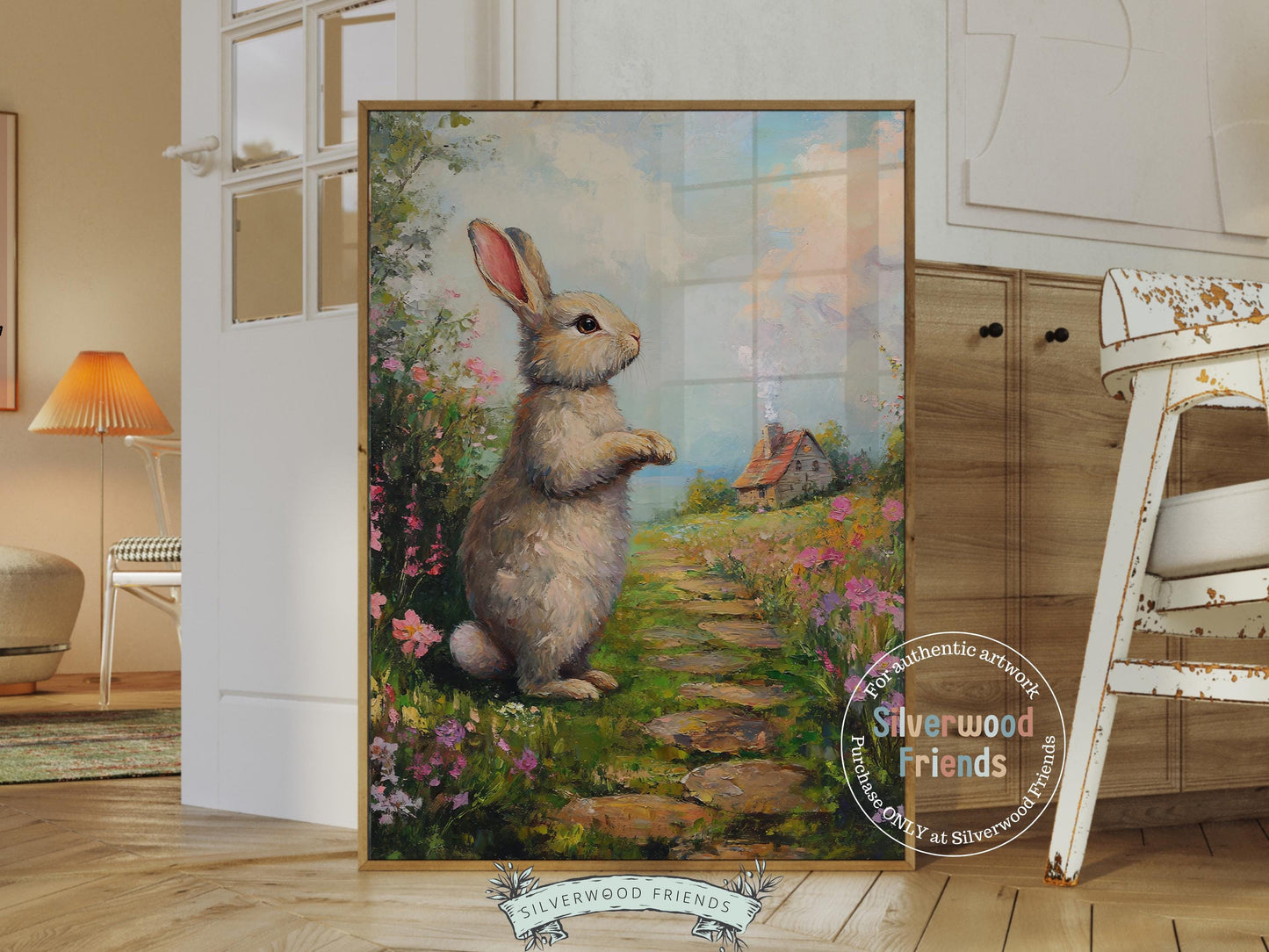 Floral Bunny Print, Whimsical Easter Decor, Woodland Wildflower Bunny Nursery Decor, Spring Cottagecore Farmhouse Wall Decor Digital Print