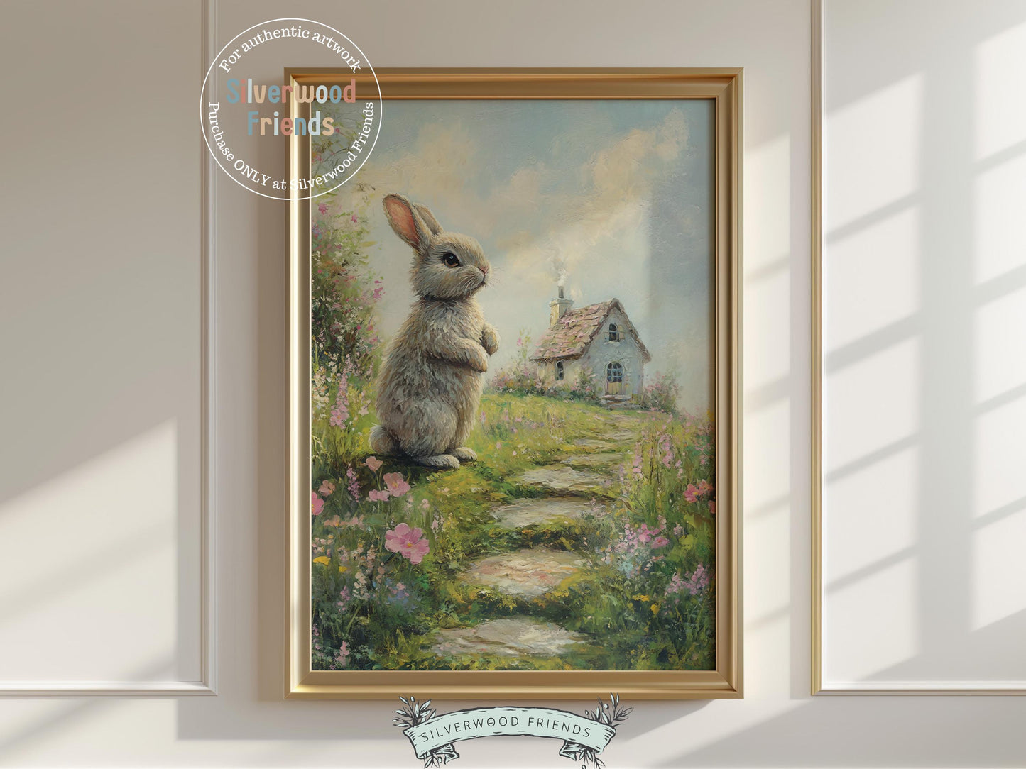 Add a touch of Easter charm to your home with our enchanting Bunny Nursery Print, featuring a sweet grey bunny rabbit outside a cozy country farmhouse, surrounded by blooming wildflowers in a soft oil painting style. Perfect for warm and inviting Easter decor or a thoughtful Easter gift, it also brings a whimsical, storybook feel to any woodland or wildflower themed nursery.
