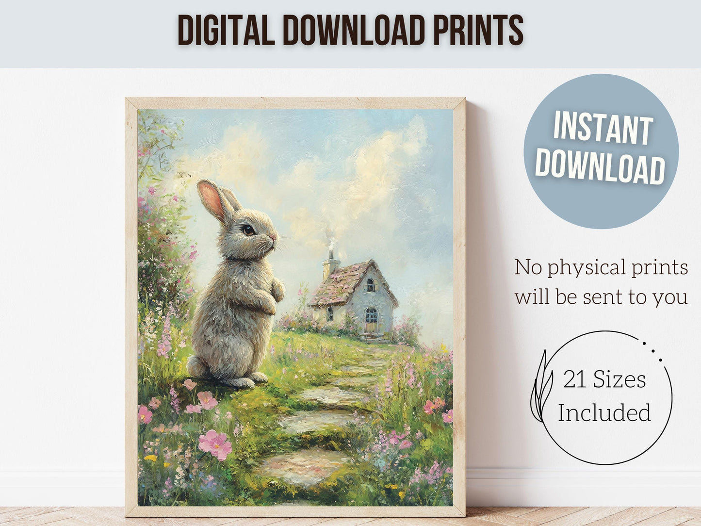 Wildflower Bunny Print, Whimsical Easter Decor, Floral Woodland Bunny Nursery Decor, Kids Spring Woodland Farmhouse Wall Decor Digital Print