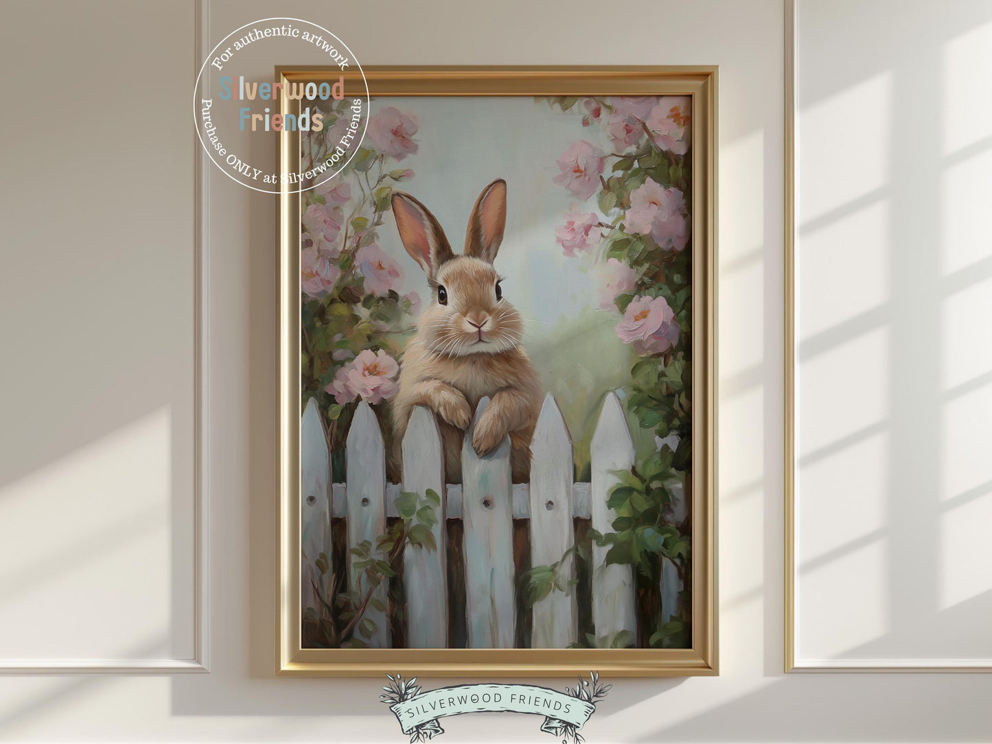 Add a touch of whimsy to your space with our charming Bunny Nursery Print, showcasing a sweet bunny rabbit peeking over a rustic country fence, surrounded by soft pink wildflowers in a gentle oil painting style. Ideal for cozy Easter decor or a woodland wildflower themed nursery, it also makes a unique and heartfelt baby shower gift.