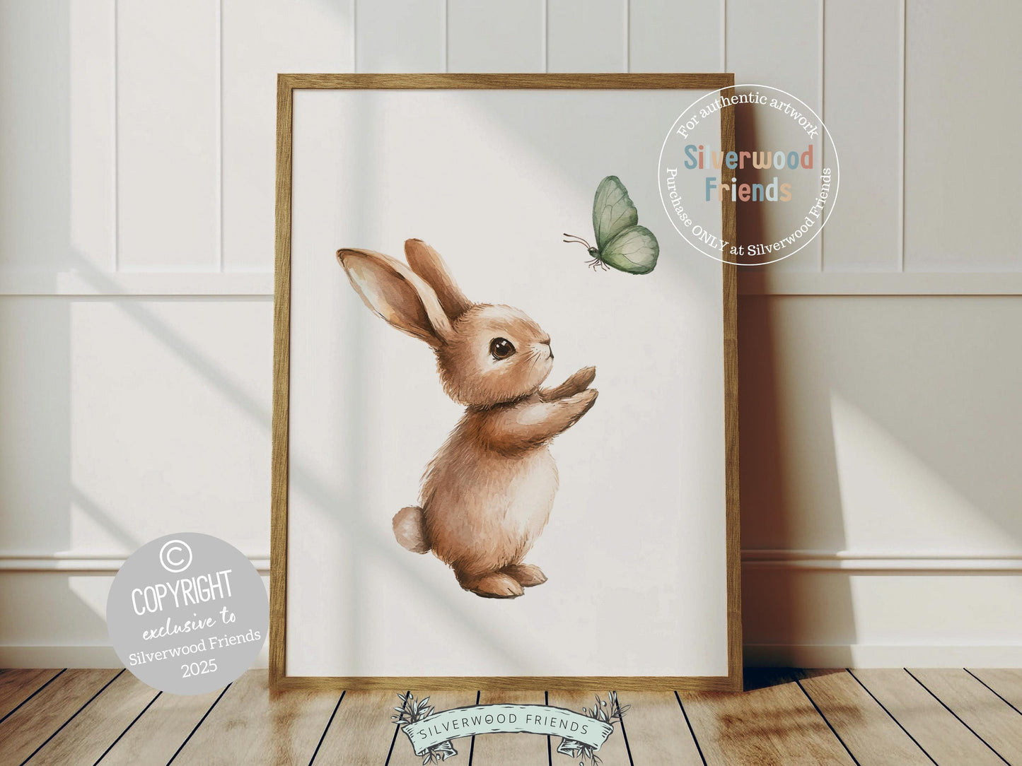 Our charming Bunny Print features an adorable bunny playing with a sage green butterfly against a clean white background. It adds a sweet touch of warmth and whimsy to any nursery and makes a unique, heartfelt baby shower gift.
