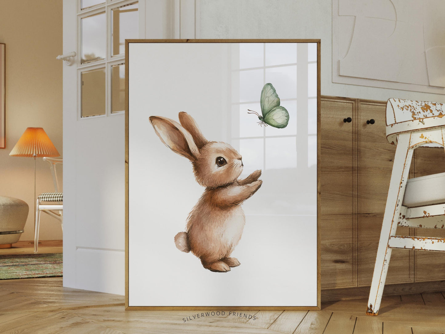 Bunny Nursery Print, Woodland Bunny Rabbit Nursery Decor, Kids Room Woodland Wall Decor,Unisex Neutral Farmhouse Nursery Decor Digital Print