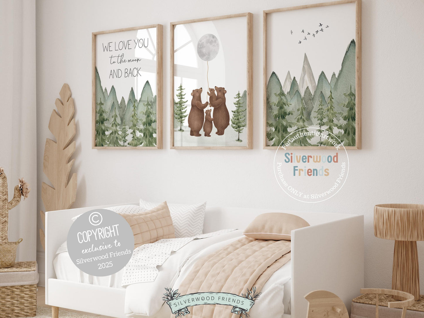 Bear Nursery Prints, Woodland Bear Nursery Decor, Mountain Nursery Print, Bear Baby Shower Gift, Love You To The Moon And Back Digital Print