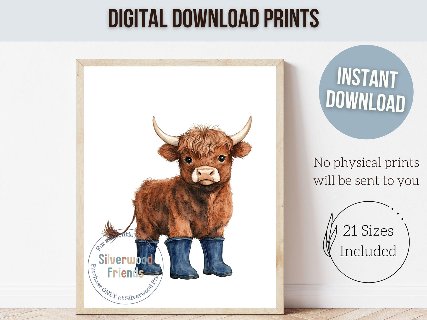 Highland Cow Nursery Prints, Navy Blue Highland Cow Nursery Decor, Watercolor Highland Cow Gift, Kids Farm Bedroom Wall Decor Digital Print